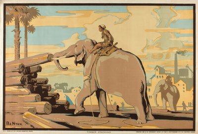 Timber Stacking, fra serien 'Burma: A Land of Rich Resources' (farge litho) av Ba Nyan
