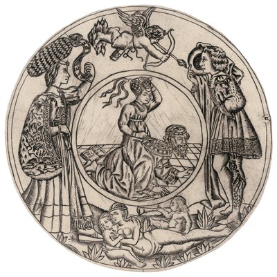 Aristoteles og Phyllis, omgitt av en ung mann og kvinne med Eros, og liggende naken kvinne med to barn, andre halvdel av 1400-tallet av Baccio Baldini