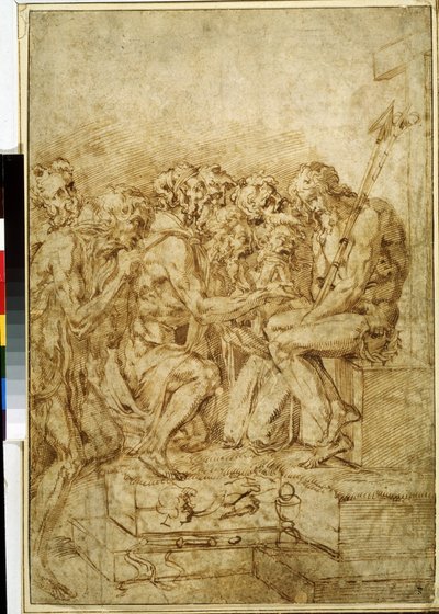 ""Kristus med symbolene for lidenskapen omgitt av syv figurer"" (Kristus med symboler for lidenskaper fulgt av syv figurer) Tegning i brunt blekk av Baccio Bandinelli (1493-1560) Pushkin-museet fra 1500-tallet Moskva av Baccio Bandinelli