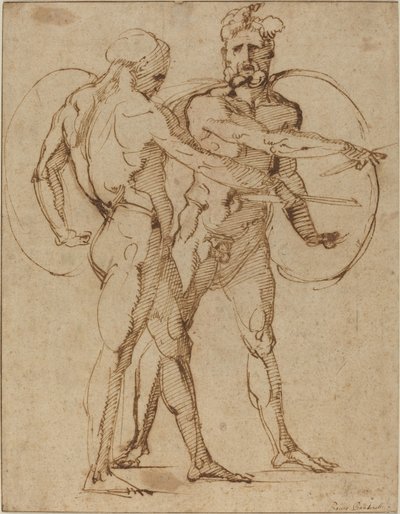 To mannlige nakenbilder, ca. 1520 (penn og brunt blekk på lagt papir) av Baccio Bandinelli