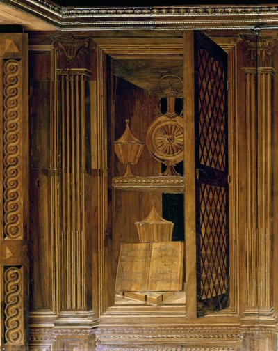 Intarsia-panel som viser et skap med en gitterdør, i studiet til Federigo da Montefeltro, hertugen av Urbino (tre) av Baccio Pontelli
