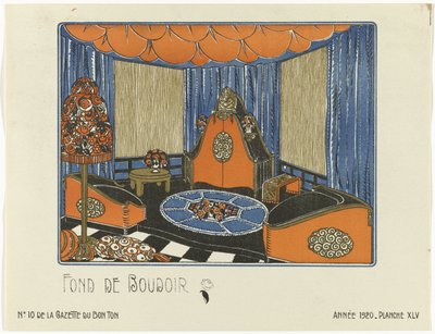 Gazette du Bon Ton, 1920 - nr. 10, Pl. XLV: Fond de Boudoir (tittel på objekt) av Bagge and Huguet
