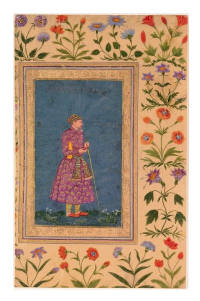 Portrett av Mughal Grandee, stående, ca. 1640 (ugjennomsiktig akvarell og gull på papir) av Bahadur Ilyas