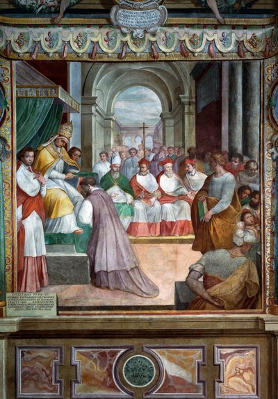 Celestine III innviet første biskop av Viterbo i 1192, detalj av fresker av Baldassare Croce av Baldassare Croce