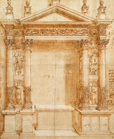Design for et alter med et pedimentert tabernakel støttet på sammenkoblede korintiske statuer av Saint Lucy, Saint Agnes, Saint Ansanus og Saint Stephen i nisjer mellom disse av Baldassarre Peruzzi