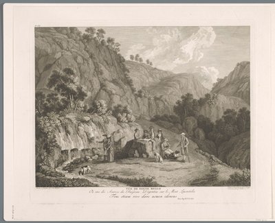 Utsikt over kilden ved Monti Lucretili Vüe ​​​​de fonte bello (tittel på objekt) Suite de VI vues des Environs de Rome (...) (serietittel) av Balthasar Anton Dunker