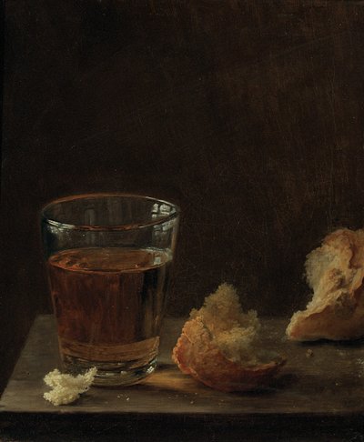 Et glass øl og en rundstykke på et bord av Balthasar Denner