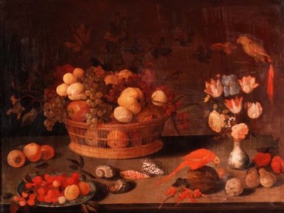 Et stilleben med fersken, epler og druer i en kurv, blomster i en kinesisk vase og to papegøyer på et bord av Balthasar van der(follower of) Ast