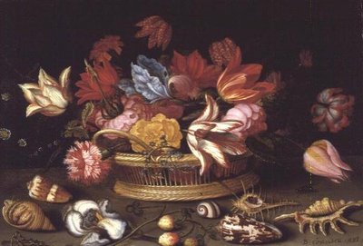 En kurv med blomster med skjell på en avsats (oljepanel) av Balthasar van der Ast