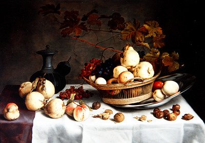 Et stilleben av kveder i en kurv, annen frukt og gjenstander (olje på panel) av Balthasar van der Ast