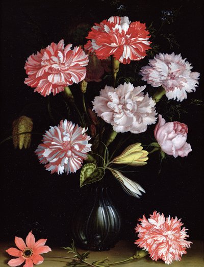 Blomsterstudie: Nelliker i en vase (olje på panel) av Balthasar van der Ast