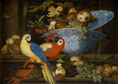 Fruktstilleben med to papegøyer av Balthasar van der Ast
