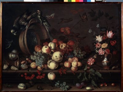 "Stilleben med frukt, blomster og papegøyer" (også kalt "Stilleben med frukt, skjell og insekter") Maleri av Balthasar van der Ast (1593/4-1657 ) rundt 1620 Dim. 75x104 cm Ermi Museum av Balthasar van der Ast