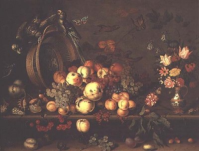 Stilleben med frukt, blomster og papegøyer, tidlig på 1620-tallet (panel) av Balthasar van der Ast