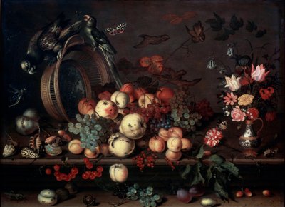 Stilleben med frukt, blomster og papegøyer, 1620-tallet av Balthasar van der Ast