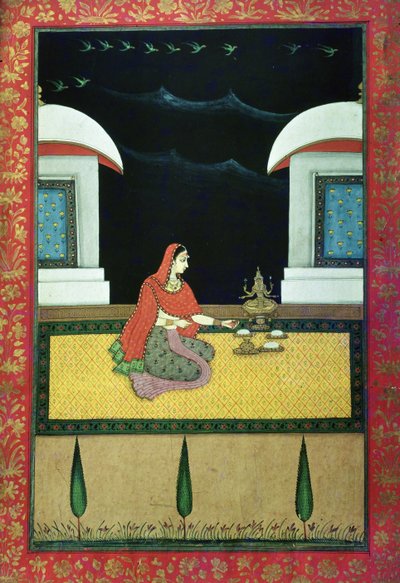 Kvinne sitter på et teppe, 1750 (gouache på papir) av Bangazi Ragini