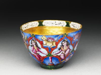 Skål med lokk, tallerken og skje med astrologisk dekorasjon, tidlig 1800-tall av Baqir