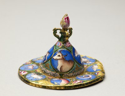 Skål med lokk, tallerken og skje med astrologisk dekorasjon, tidlig 1800-tall av Baqir