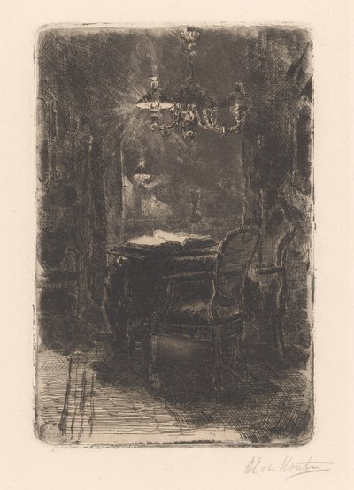 Interiør med speil og bord med åpen bok av Barbara Elisabeth van Houten (signed by artist)