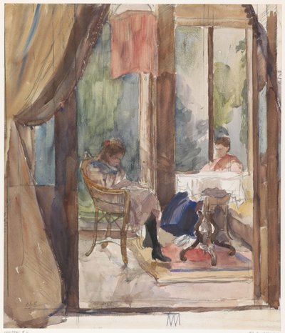 Dame og en ung jente leser begge i vinterhagen i huset på Riouwstraat 6 i Haag av Barbara Elisabeth van Houten