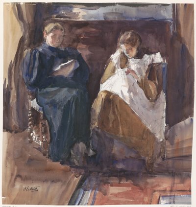 Lesende dame og broderende jente, sett forfra, i huset på Riouwstraat 6, i Haag av Barbara Elisabeth van Houten