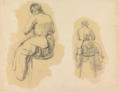 To studier av en kvinne som sitter på en krakk, sett bakfra av Barbara Elisabeth van Houten