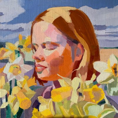 Drømmer om solsikker, 2020, olje på linlerret. av Barbara Hoogeweegen