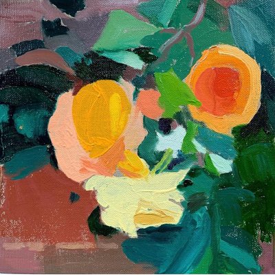 Forrige sommerrose, 2021 (olje på lerretstavle) av Barbara Hoogeweegen