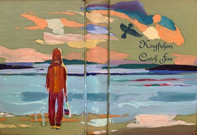 kingfishers tar fyr, 2022 (olje på antikt lin bokomslag) av Barbara Hoogeweegen