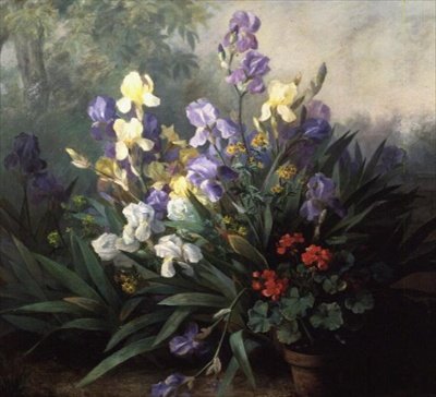 Blomsterlandskap med iris av Barbara Koch
