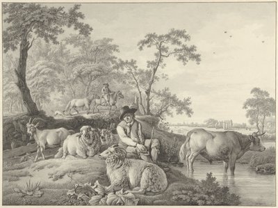 Hyrde med sauer, en geit og en ungokse i et landskap av Barend Hendrik Thier