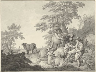 Hyrde med sauer og en gutt med en ungokse i et landskap av Barend Hendrik Thier