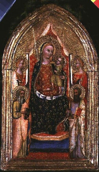 Madonna og barn tronet med St. Bartolomeus og andre hellige av Bargello Master