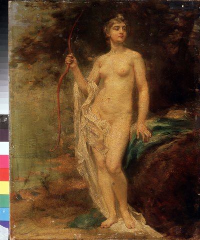 Diana (Diana). Den nakne gudinnen holder buen hennes, ansiktet hennes hovmodig, nær en elv i skogen. Maleri av Ernest Karlovich Liphart (1847-1932), olje på lerret. russisk kunst av Baron Ernest Friedrich von Liphart