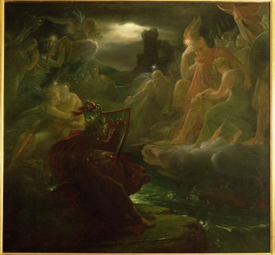 Ossian tryller frem åndene på bredden av elven Lora med lyden av harpen hans, 1801 av Baron François Pascal Simon Gérard