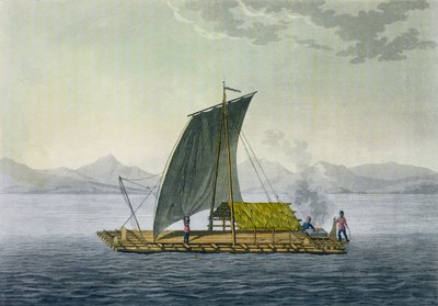 En flåte som forlater havnen i Guayaquil, Ecuador, fra 'Le Costume Ancien et Moderne', bind II, plate 9, av Jules Ferrario, gravert av Paolo Fumagalli, utgitt ca. 1820-30-tallet av Baron Friedrich Alexander von Humboldt