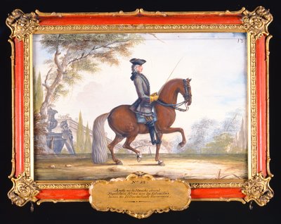 Nr. 13 dressursteg utført av en napolitansk hest fra den spanske rideskolen kalt Alzan (wc på papir) av Baron Reis Eisenberg
