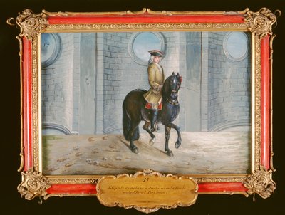 Nr. 17 En dark bay horse fra den spanske rideskolen utfører et skulder-in dressursteg (wc på papir) av Baron Reis Eisenberg