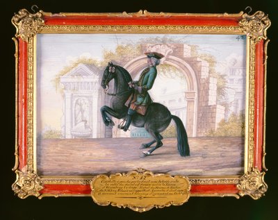Nr. 42 Agrable, en mørk gyllen hest fra den spanske rideskolen som utfører en dressurbevegelse kalt Curvet (wc på papir) av Baron Reis Eisenberg