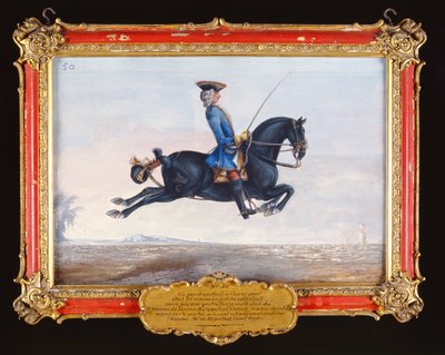 Nr. 50 En kulsvart hest kalt Curioso som utfører en dressurbevegelse kalt en Capriole (wc på papir) av Baron Reis Eisenberg