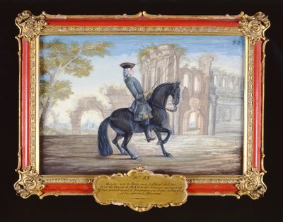 Nr. 52 Le Bienvenu, en dark bay hest fra den spanske rideskolen som utfører en dressurbevegelse (wc på papir) av Baron Reis Eisenberg