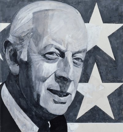 Portrett av Alistair Cooke, illustrasjon for The Listener, 1970-tallet (gouache om bord) av Barry Fantoni