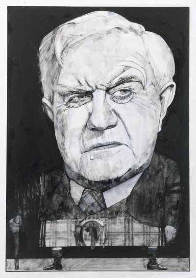 Portrett av Andrew Cruickshank, illustrasjon for The Sunday Times (gouache om bord) av Barry Fantoni