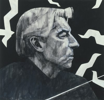 Portrett av Herbert von Karajan, illustrasjon for The Sunday Times, 1970-tallet (gouache om bord) av Barry Fantoni