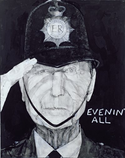 Portrett av Jack Warner som Dixon fra Dock Green, illustrasjon for The Listener, 1970-tallet (gouache om bord) av Barry Fantoni