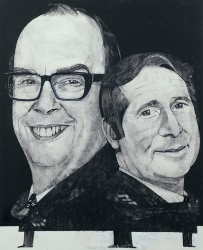 Portrett av Morecambe og Wise, illustrasjon for The Listener, 1970-tallet (gouache om bord) av Barry Fantoni