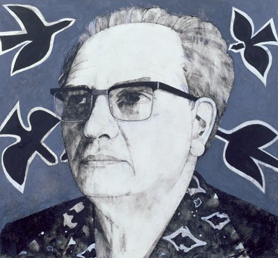 Portrett av Olivier Messiaen, illustrasjon for The Sunday Times, 1970-tallet (gouache om bord) av Barry Fantoni
