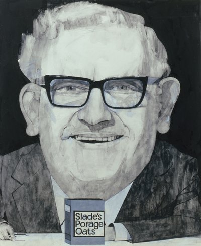 Portrett av Ronnie Barker, illustrasjon for The Listener, 1970-tallet (gouache om bord) av Barry Fantoni