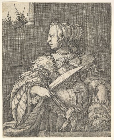 Judith, halvlang og i profil til venstre, et sverd i høyre hånd og hodet til Holo.... av Barthel Beham