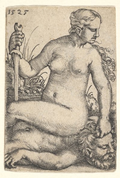 Judith, ser mot høyre, sittende naken på toppen av den døde kroppen til Holofernes, med en sving..., 1525. av Barthel Beham